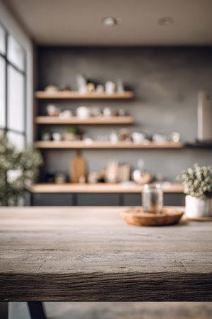 A smooth wooden kitchen island in a modern, cozy home setting. The blurred background features neutral natural tones, enhancing the photorealistic style of the image.の素材