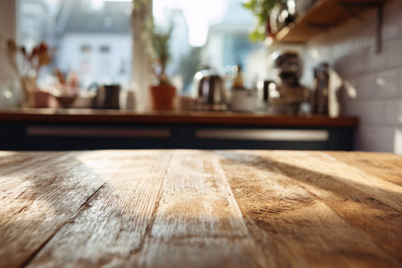 A top-down view of a wooden table in a bright kitchen, featuring natural lighting and a subtle lens blur in the background, creating a calm and serene atmosphere.の素材