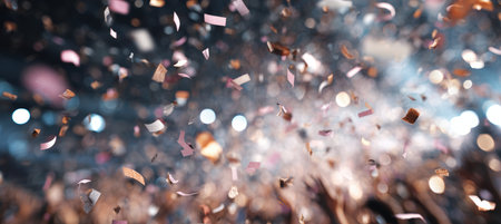 Macro shot of confetti pieces floating mid-air above cheering fans, with blurred background lights creating a dreamy, surreal atmosphere. Perfect for festive and celebratory themes.の素材