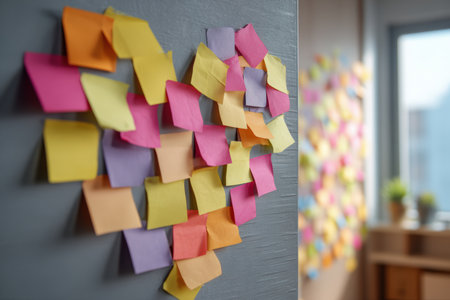 Colorful sticky notes form a heart shape on a wall, symbolizing love and creativity. Captured in warm daylight with a minimalist, soft-focus background, enhancing the artistic concept.の素材