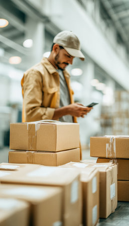 A courier uses a mobile barcode scanner to verify package IDs before dispatch in a bright white warehouse. Parcels are stacked nearby, highlighting efficient logistics operations.の素材
