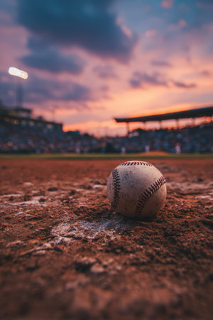 A close-up of a baseball resting on the pitcher's mound under a vibrant evening sky. The blurred stadium stands create a warm, atmospheric sports scene.の素材