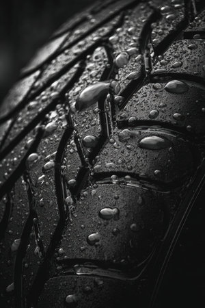 Fine art black-and-white macro photograph showcasing a wet tire. The high contrast and minimal texture emphasize the intricate details and patterns of water droplets on the surface.の素材