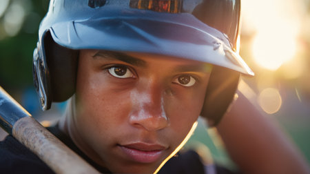 Portrait of a young athlete with short hair under a helmet, gripping a bat in warm daylight. The background features soft-focus greens and yellows, capturing a dynamic sports moment.の素材