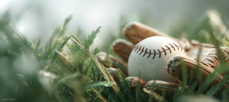 A baseball nestled in a glove surrounded by freshly cut grass, captured in soft, diffuse lighting. The minimalist composition creates a calm and clean aesthetic.の素材
