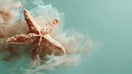A starfish rests on a smoky ocean floor, surrounded by soft coral-toned smoke against a light aquamarine background. This delicate image is ideal for marine branding and eco-friendly packaging.の素材