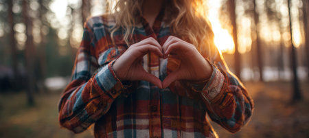A woman stands in a serene forest, wearing a flannel shirt and forming a heart symbol with her hands. The warm golden evening light creates a peaceful atmosphere.の素材