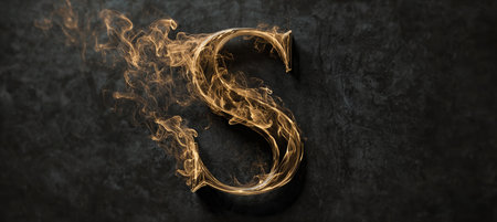 The letter S crafted from glowing golden smoke with sharp curves and soft edges, set against a charcoal textured background. Ideal for luxury branding and fashion design.の素材