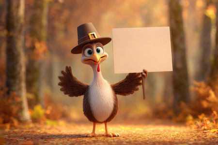 A cheerful cartoon turkey wearing a pilgrim hat holds a blank sign in a warm autumn forest. The scene features golden leaves and a soft glowing light, creating a friendly holiday atmosphere.の素材