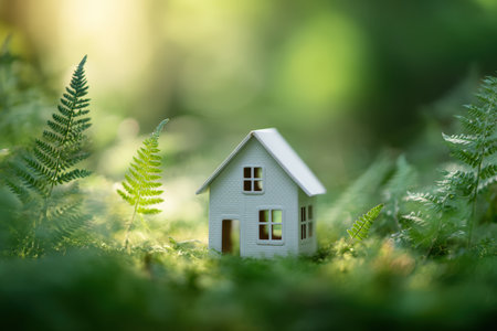 A small white paper house sits on grassy ground surrounded by ferns, illuminated by sunlight. This image represents an eco-friendly home concept with a bright green, nature-inspired background.の素材