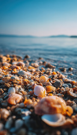 Cinematic photograph of a tranquil seaside with coral and shells, bathed in golden afternoon sunlight. The vibrant blue horizon enhances the serene coastal atmosphere.の素材