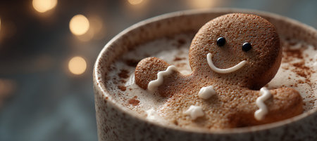 A detailed macro close-up of a smiling gingerbread man floating in hot cocoa. The image captures intricate icing textures and a warm, cinematic festive glow.の素材