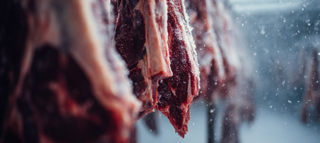 Close-up image of meat hanging in a cold storage environment, showcasing frost particles and condensation. Captures the cinematic detail of the food industry preservation process.の素材