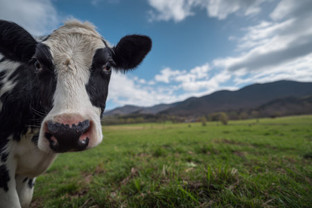 A black and white cow curiously peeks from the side in a lush green meadow. The background features a blue sky and majestic mountains, captured in cinematic natural lighting.の素材