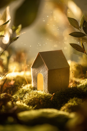 Close-up of a paper house illuminated by golden sunlight, surrounded by soft moss and leaves, creating a serene eco-friendly concept with cinematic depth.の素材