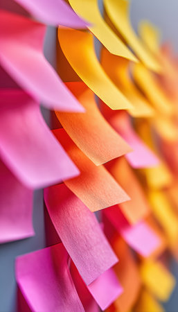 Artistic macro photo of sticky notes forming a gradient from yellow to pink. The image highlights color harmony and abstract design, showcasing vibrant hues and textures.の素材