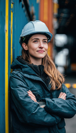 A woman wearing a hard hat stands confidently near freight containers, exuding calm and assurance in a cinematic workplace setting.の素材