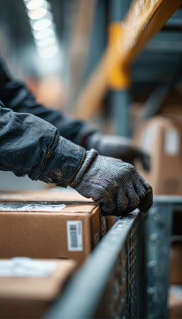 A logistics worker's gloved hands apply an RFID sticker to fragile cargo. The soft focus background reveals industrial shelving, highlighting a warehouse setting.の素材