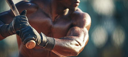 A muscular baseball player with dark gloves grips a bat as a ball approaches on a sunny training field. The image captures the high-energy and focus of the sport in warm tones.の素材