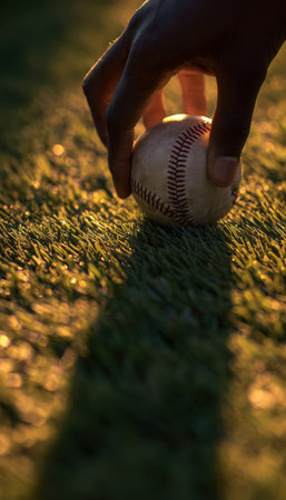 A hand gently places a baseball on grass, casting a long shadow. The amber light highlights the seams, creating a reflective sports portrait with a dramatic effect.の素材