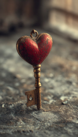 A vintage golden key poised to enter a red heart-shaped lock, set against a rustic surface. The image is illuminated with cinematic warm lighting, evoking a sense of nostalgia and romance.の素材