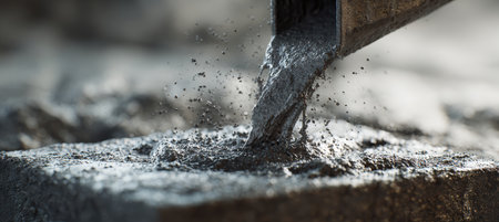 A macro shot capturing the dynamic motion of wet cement pouring from a metal trough. The image showcases detailed textures and gritty realism with a shallow depth of field.の素材
