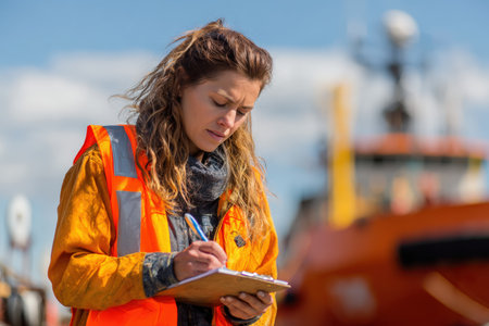 A woman in a safety vest writes notes on a clipboard during a port inspection. The maritime background and natural realism tone highlight the professional setting.の素材