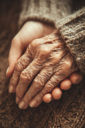 A touching image of young hands gently supporting older hands, set against a cozy, warm background. The cinematic documentary style highlights themes of care and connection.の素材
