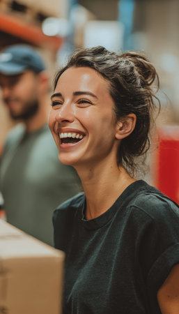 A female worker joyfully laughs while carrying a package in a clean warehouse. Warm tones highlight the casual and human moment, with a colleague visible in the background.の素材