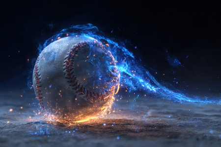 A baseball enveloped in blue-tinted magical flames with an arc of sparks, set against a cold, dark void. The surreal fantasy contrast creates a striking visual effect.の素材