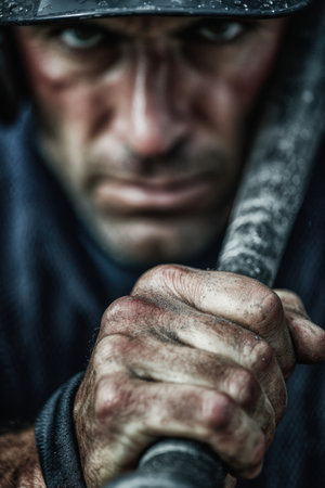 Macro-inspired sports portrait highlighting an athlete's hands gripping a bat with intense focus. The background fades into a bokeh effect, emphasizing the sharp details of the hands.の素材