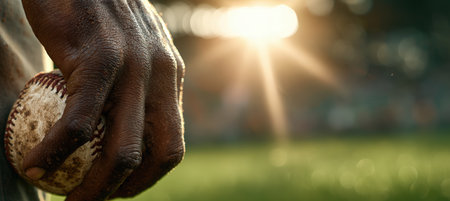 A close-up shot of an athlete's dirt-stained hand holding a baseball, with dramatic sun rays shining through. The green field in the background is softly blurred, creating an elongated effect.の素材