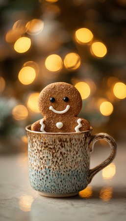 A cute gingerbread man cookie smiles from a ceramic mug, surrounded by warm golden holiday light reflections, creating a cozy and festive atmosphere.の素材