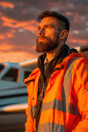 Aviation engineer stands at sunrise on an airfield, with an airplane in the background. The portrait captures natural lighting and an emotional, cinematic atmosphere.の素材