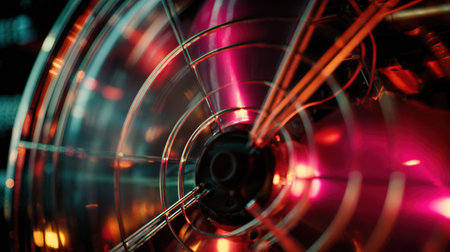 Macro shot of a spinning fan inside a transparent casing, showcasing illuminated interior components with cinematic detail and vibrant colors.の素材