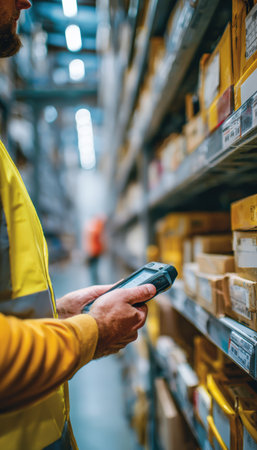 Close-up of a warehouse worker using a handheld scanner to read barcodes on boxes. The scene is set in a well-lit storage area with organized shelving units and labeled packages.の素材