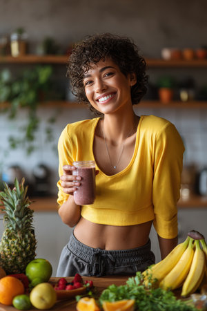 A cheerful woman with short curly hair holds a smoothie and mat in a bright kitchen. She is surrounded by fresh fruits, creating a vibrant and healthy morning atmosphere.の素材