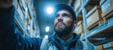 A logistics worker with an intense expression scans a barcode under bright lights in a warehouse. The background features organized shelves and labeled boxes, highlighting efficiency.の素材