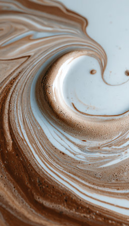 A macro close-up of a soup surface featuring a cream swirl forming abstract patterns. The minimalist background and shallow depth of field enhance the food art style.の素材