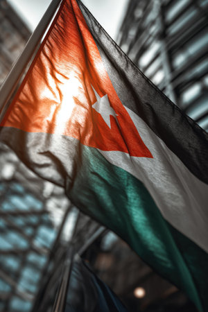 The Jordanian flag is illuminated by sunlight, set against a modern glass building. The vibrant colors of black, white, green, and red create a striking contrast in this vertical shot.の素材