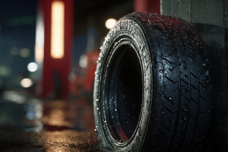 A wet tire leans against a workshop wall, captured in soft lighting with realistic detail and shallow focus. The scene conveys a sense of industrial ambiance and precision.の素材