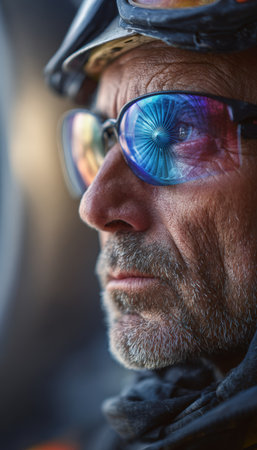 Close-up portrait of an engineer with a turbine reflection in their glasses. The image captures cinematic detail and depth, enhanced by industrial lighting for dramatic effect.の素材