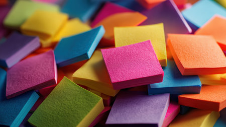 Abstract photography of a vibrant cluster of sticky notes in soft focus, showcasing bold color blocks under studio lighting for a striking visual effect.の素材