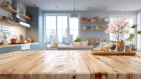 Cinematic photo of a polished wooden table in the foreground with a bright, defocused modern kitchen. Soft pastel lighting creates an inviting and warm home atmosphere.の素材