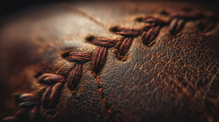 Cinematic horizontal macro shot capturing the intricate details of baseball seams. The image showcases rich warm tones and fine textures, highlighting the craftsmanship of the ball.の素材