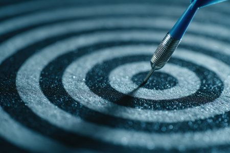 Macro photograph of a blue dart perfectly lodged in a bullseye, representing success and precision. The minimalist corporate aesthetic highlights themes of achievement and focus.の素材