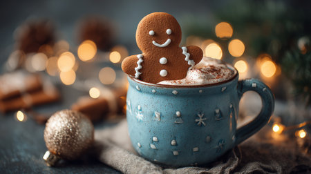 A smiling gingerbread cookie sits in a cocoa mug on a festive table adorned with lights and ornaments. The scene captures a warm holiday ambiance with a cinematic shallow focus.の素材