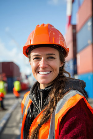 A female port engineer smiles confidently at a cargo yard, wearing a safety helmet and vest. The clear blue sky enhances the realistic documentary feel of the photo.の素材