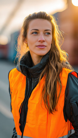 Professional portrait of a female construction supervisor wearing a reflective vest, standing outdoors in an industrial area. Captured with natural lighting for an authentic look.の素材