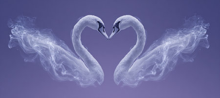 A pair of swans create a heart shape with intertwining white smoke trails against a soft lavender background. This romantic and balanced image is ideal for wedding designs or luxury themes.の素材